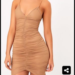 PrettyLittleThing Camel Fishnet Ruched Front Dress